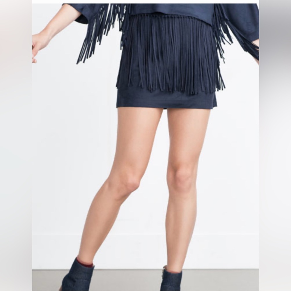 ZARA Trafaluc Navy Blue Faux Suede Fringed Skirt